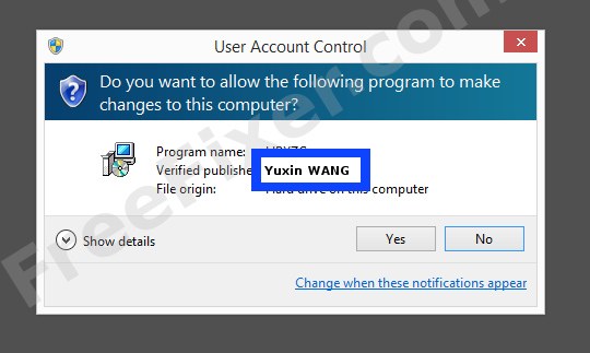 Screenshot where Yuxin WANG appears as the verified publisher in the UAC dialog